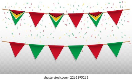 Vector illustration of the country flag of Guyana with confetti on transparent background (PNG). hanging triangular flag for Independence Day celebration.