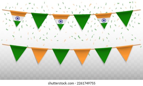 Vector illustration of the country flag of India with confetti on transparent background (PNG). hanging triangular flag for Independence Day celebration.