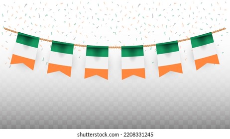Vector illustration of the country flag of Ireland with confetti on transparent background (PNG). hanging flag for Independence Day celebration.