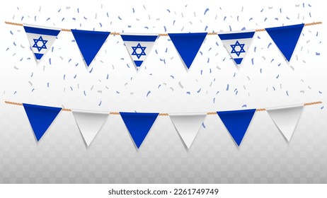 Vector illustration of the country flag of Israel with confetti on transparent background (PNG). hanging triangular flag for Independence Day celebration.