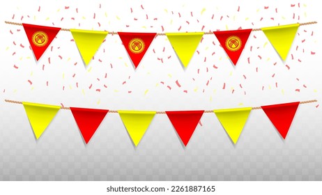 Vector illustration of the country flag of Kyrgyzstan with confetti on transparent background (PNG). hanging triangular flag for Independence Day celebration.