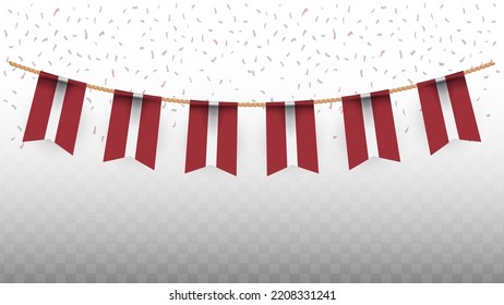 Vector illustration of the country flag of Latvia with confetti on transparent background (PNG). hanging flag for Independence Day celebration.