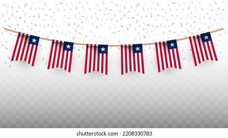 Vector illustration of the country flag of Liberia with confetti on transparent background (PNG). hanging flag for Independence Day celebration.