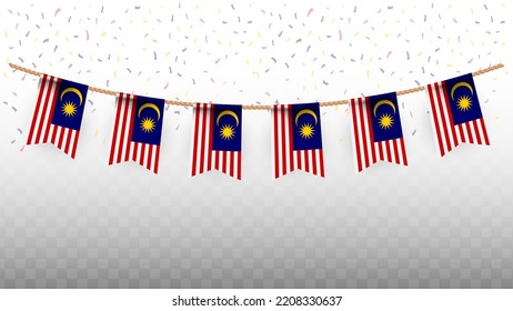 Vector illustration of the country flag of Malaysia with confetti on transparent background (PNG). hanging flag for Independence Day celebration.