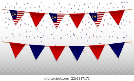 Vector illustration of the country flag of Malaysia with confetti on transparent background (PNG). hanging triangular flag for Independence Day celebration.