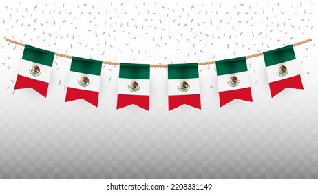 Vector illustration of the country flag of Mexico with confetti on transparent background (PNG). hanging flag for Independence Day celebration.