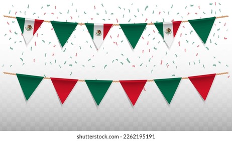 Vector illustration of the country flag of Mexico with confetti on transparent background (PNG). hanging triangular flag for Independence Day celebration.