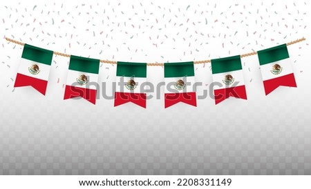 Vector illustration of the country flag of Mexico with confetti on transparent background (PNG). hanging flag for Independence Day celebration.