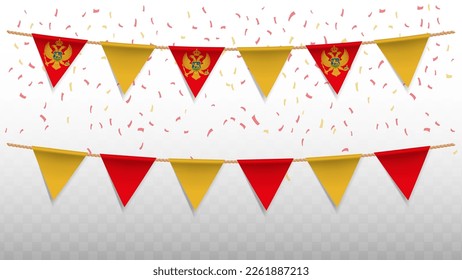 Vector illustration of the country flag of Montenegro with confetti on transparent background (PNG). hanging triangular flag for Independence Day celebration.