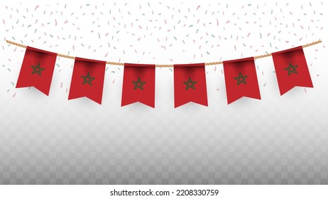 Vector illustration of the country flag of Morocco with confetti on transparent background (PNG). hanging flag for Independence Day celebration.