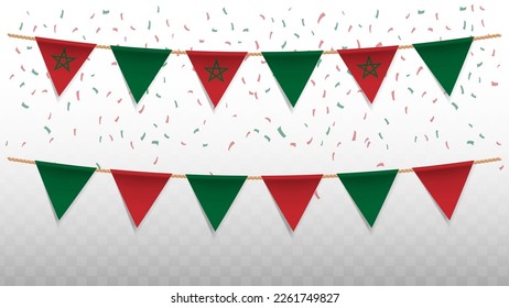 Ilustración vectorial de la bandera del país de Marruecos con confetti sobre fondo transparente (PNG). colgando la bandera triangular para la celebración del Día de la Independencia.