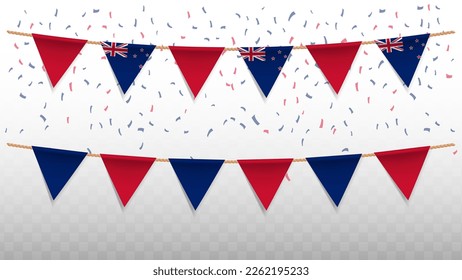 Vector illustration of the country flag of New Zealand with confetti on transparent background (PNG). hanging triangular flag for Independence Day celebration.