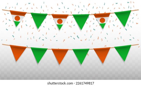 Vector illustration of the country flag of Niger with confetti on transparent background (PNG). hanging triangular flag for Independence Day celebration.