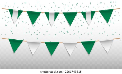 Ilustración vectorial de la bandera del país de Nigeria con confetti sobre fondo transparente (PNG). colgando la bandera triangular para la celebración del Día de la Independencia.