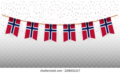 Vector illustration of the country flag of Norway with confetti on transparent background (PNG). hanging flag for Independence Day celebration.