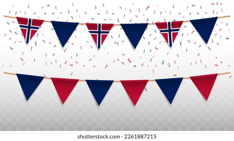 Ilustración vectorial de la bandera del país de Noruega, con confeti sobre fondo transparente (PNG). colgando la bandera triangular para la celebración del Día de la Independencia.