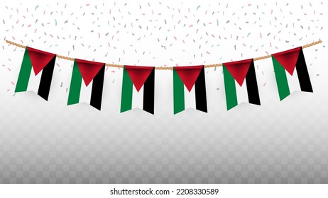 Vector illustration of the country flag of Palestine with confetti on transparent background (PNG). hanging flag for Independence Day celebration.