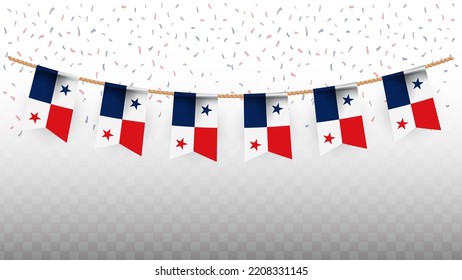 Vector illustration of the country flag of Panama with confetti on transparent background (PNG). hanging flag for Independence Day celebration.