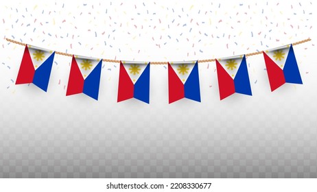 Vector illustration of the country flag of Philippines with confetti on transparent background (PNG). hanging flag for Independence Day celebration.