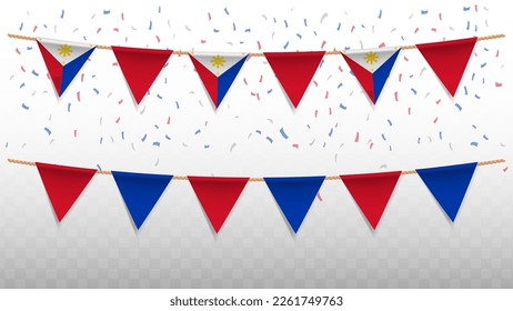 Vector illustration of the country flag of Philippines with confetti on transparent background (PNG). hanging triangular flag for Independence Day celebration.