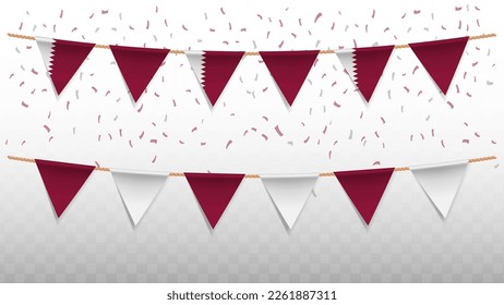 Vector illustration of the country flag of Qatar with confetti on transparent background (PNG). hanging triangular flag for Independence Day celebration.
