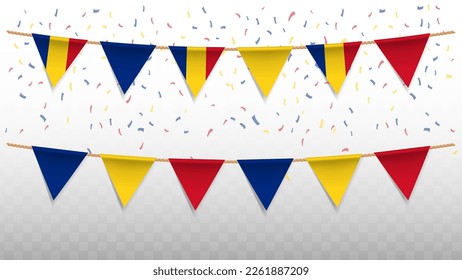 Vector illustration of the country flag of romania with confetti on transparent background (PNG). hanging triangular flag for Independence Day celebration.