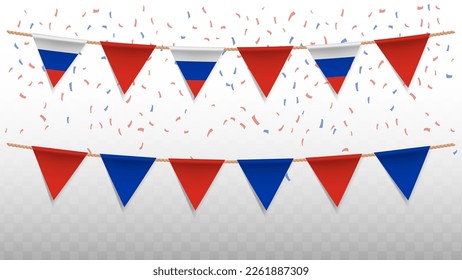 Vector illustration of the country flag of Russia with confetti on transparent background (PNG). hanging triangular flag for Independence Day celebration.