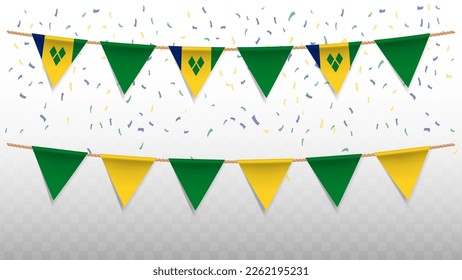 Vector illustration of the country flag of Saint Vincent and the Grenadines  with confetti on transparent background (PNG). hanging triangular flag for Independence Day celebration.