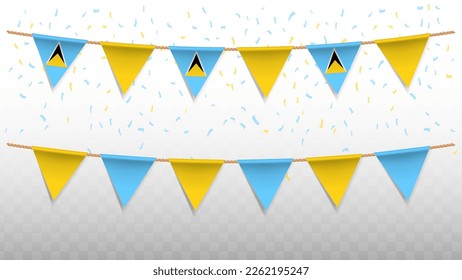 Vector illustration of the country flag of Saint Lucia with confetti on transparent background (PNG). hanging triangular flag for Independence Day celebration.