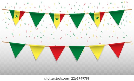 Vector illustration of the country flag of Senegal with confetti on transparent background (PNG). hanging triangular flag for Independence Day celebration.