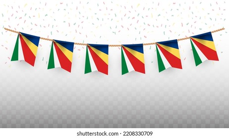 Vector illustration of the country flag of Seychelles with confetti on transparent background (PNG). hanging flag for Independence Day celebration.