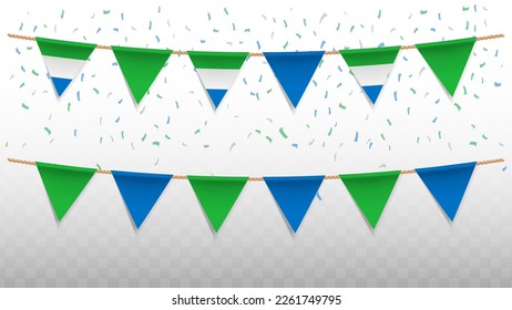 Vector illustration of the country flag of Sierra Leone with confetti on transparent background (PNG). hanging triangular flag for Independence Day celebration.