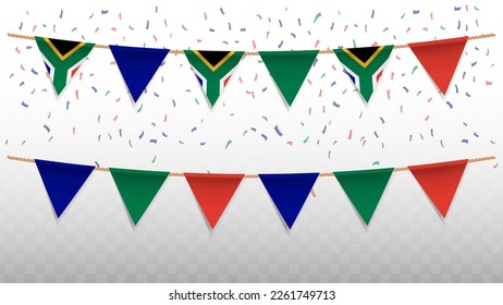 Vector illustration of the country flag of South Africa with confetti on transparent background (PNG). hanging triangular flag for Independence Day celebration.