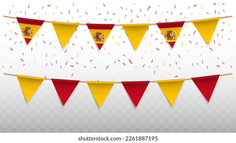 Ilustración vectorial de la bandera de españa con confeti sobre fondo transparente (PNG). colgando la bandera triangular para la celebración del Día de la Independencia.