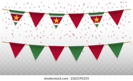 Vector illustration of the country flag of Suriname with confetti on transparent background (PNG). hanging triangular flag for Independence Day celebration.