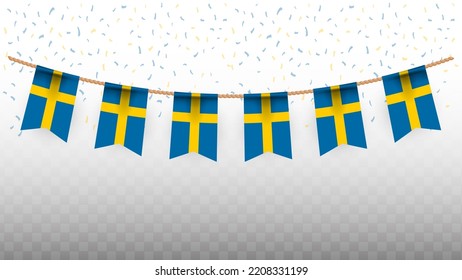 Vektorgrafik der schwedischen Landesflagge mit Konfetti auf transparentem Hintergrund (PNG). hängende Fahne für die Feier des Unabhängigkeitstages.