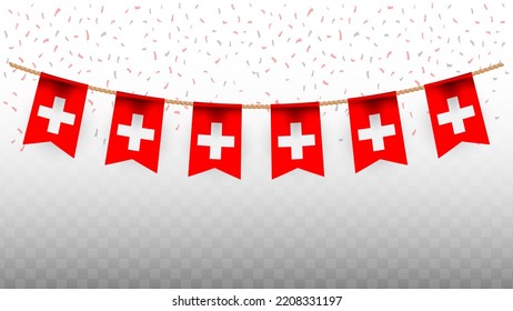 Vector illustration of the country flag of Switzerland with confetti on transparent background (PNG). hanging flag for Independence Day celebration.