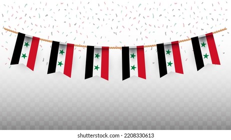 Vector illustration of the country flag of Syria with confetti on transparent background (PNG). hanging flag for Independence Day celebration.
