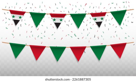 Vector illustration of the country flag of Syria with confetti on transparent background (PNG). hanging triangular flag for Independence Day celebration.