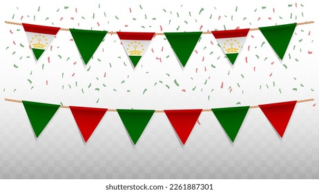 Vector illustration of the country flag of Tajikistan with confetti on transparent background (PNG). hanging triangular flag for Independence Day celebration.
