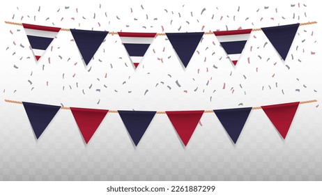 Vector illustration of the country flag of Thailand with confetti on transparent background (PNG). hanging triangular flag for Independence Day celebration.