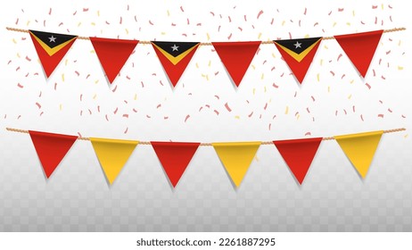 Vector illustration of the country flag of Timor-Leste with confetti on transparent background (PNG). hanging triangular flag for Independence Day celebration.