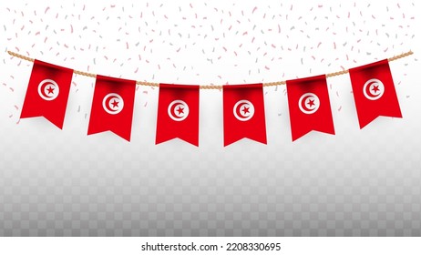 Vector illustration of the country flag of Tunisia with confetti on transparent background (PNG). hanging flag for Independence Day celebration.