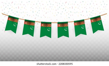 Vector illustration of the country flag of Turkmenistan with confetti on transparent background (PNG). hanging flag for Independence Day celebration.