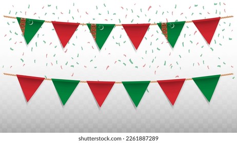 Vector illustration of the country flag of Turkmenistan with confetti on transparent background (PNG). hanging triangular flag for Independence Day celebration.