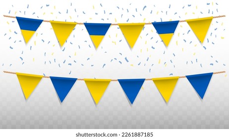 Vector illustration of the country flag of Ukraine with confetti on transparent background (PNG). hanging triangular flag for Independence Day celebration.