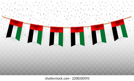 Vector illustration of the country flag of United Arab Emirates with confetti on transparent background (PNG). hanging flag for Independence Day celebration.