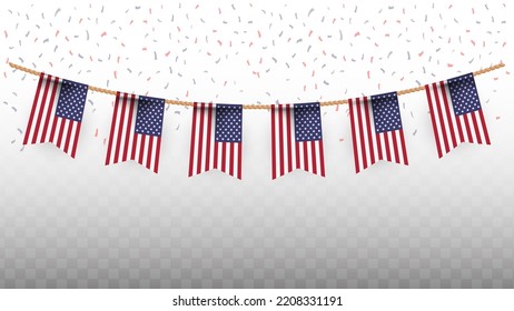 Vector Illustration Of The Country Flag Of United States Of America With Confetti On Transparent Background (PNG). Hanging Flag For Independence Day Celebration.