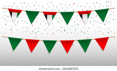 Vector illustration of the country flag of United Arab Emirates with confetti on transparent background (PNG). hanging triangular flag for Independence Day celebration.