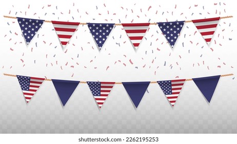 Ilustración vectorial de la bandera del país de los Estados Unidos de América con un documento de fondo transparente (PNG). colgando la bandera triangular para la celebración del Día de la Independencia.